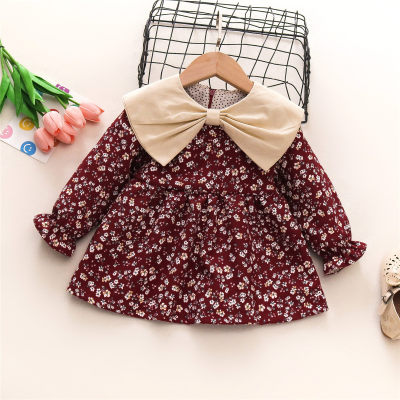 Toddler Girl Floral Bowknot-shaped Lapel Long Sleeve Dress