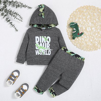 Primavera novo bebê menino cinza com capuz dinossauro impressão moletom terno