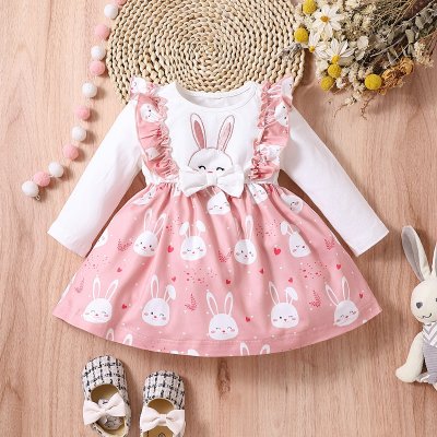 Baby Girl ruffle Heart-shaped Rabbit pattern Long Sleeve Dress