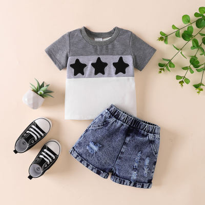 Camiseta e shorts jeans com padrão de estrela em blocos coloridos para bebês 2 peças