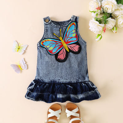Baby Girl Solid Color Applique Butterfly Decor Denim Dress