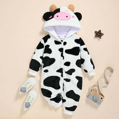 Mameluco de manga larga y pierna larga de felpa con cremallera y capucha estilo vaca para bebé