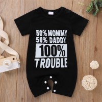 Baby boy and girl short-sleeved boxer romper with interesting letter prints  Black