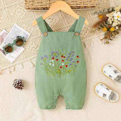Baby Girl Solid Color Embroidered Floral Pattern Sleeveless Boxer Romper