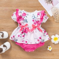 New style baby girl infant princess style flower print lantern sleeve triangle romper one-piece harem  Pink