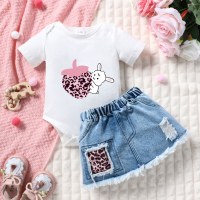 Baby Girls Fashion Leopard Print Romper Denim Skirt Two-Piece Set  White