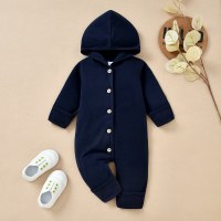 Baby Solid Color Hooded Long-sleeved long-leg Jumpsuit  Navy Blue