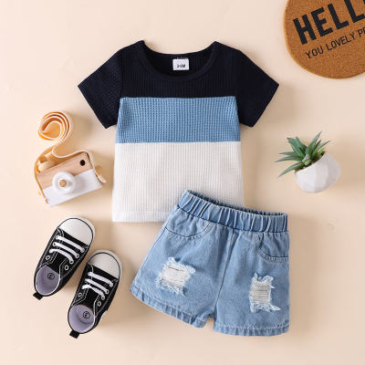 Costume d'été à manches courtes + short en denim pour bébés garçons, nouvelle collection