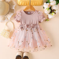 Vestido de malla floral de manga corta con decoración de volantes y lazo de color sólido para niña bebé  Rosado