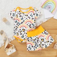 Baby girl short-sleeved one-piece top & elastic waist shorts leopard print rainbow print cute casual two-piece set  Yellow
