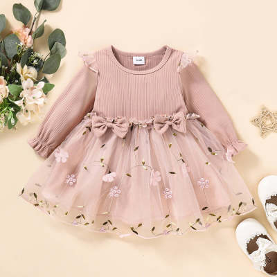 Baby Floral Bowknot Decor Solid Color Lantern Sleeve Lace Mesh Dress