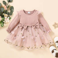 Baby Floral Bowknot Decor Solid Color Lantern Sleeve Lace Mesh Dress  Pink