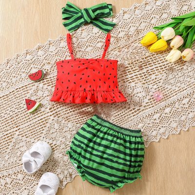 Baby girl watermelon suit with cute suspenders two-piece suit