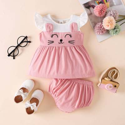 Baby Girl 2 Pieces Color-block Cat Ruffle-sleeves Blouse & Shorts
