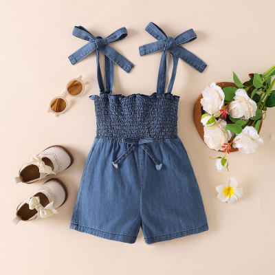 Baby Girl Solid Color Ruffle Decor Denim Overalls