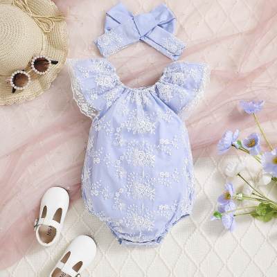 Baby Girl 2 Pieces Floral Lace Sleeveless Triangle Romper & Headband