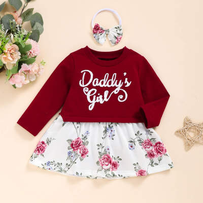 Toddler Letter Floral Printed Long Sleeve Dress with Headband