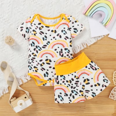 Baby-Mädchen-Kurzarm-Einteiler-Top und elastische Taillen-Shorts, Leopardenmuster, Regenbogenmuster, niedliches, lässiges zweiteiliges Set