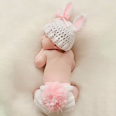 Bebé niña 2 piezas tejido a mano con forma de conejo bebé ropa fotográfica