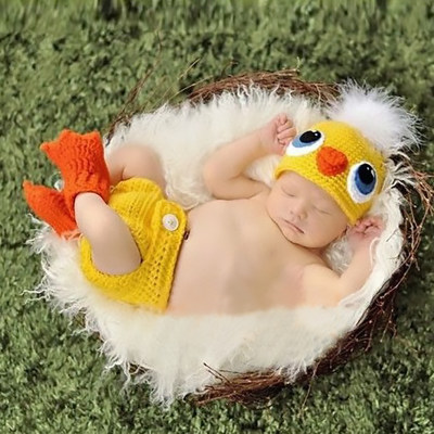 Bebê 2 peças tricotado à mão animal em forma de pássaro roupa fotográfica para bebê sem sapatos