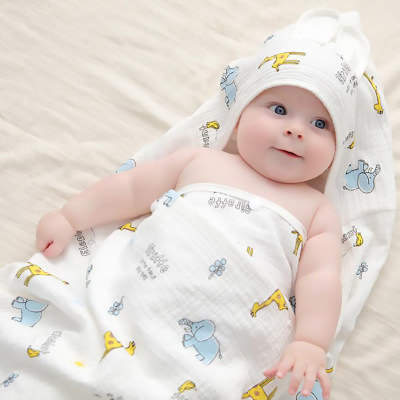 Newborn Baby 100% Cotton Cartoon Pattern Swaddle Wrap Hooded Warm Bath Towel Blanket