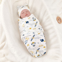 Newborn baby hat swaddle set pure cotton printed swaddle anti-startle sleeping bag  Multicolor