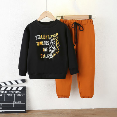 2-piece Kid Letter and Tiger Printed Long Sleeve Top & Drawstring Pants