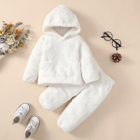 2-piece Baby Solid Color Fleece-lined Plush Hoodie & Straight Pants  White