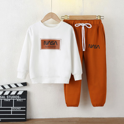 2-piece Kid Solid Color Letter Printed Long Sleeve Top & Solid Color Drawstring Straight Pants
