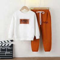 2-piece Kid Solid Color Letter Printed Long Sleeve Top & Solid Color Drawstring Straight Pants  White