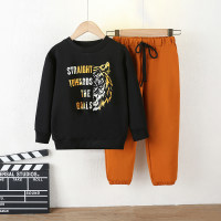 2-piece Kid Letter and Tiger Printed Long Sleeve Top & Drawstring Pants  Black