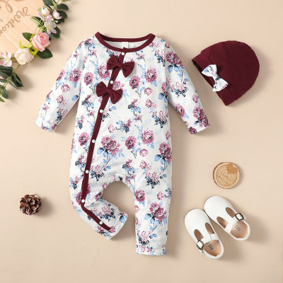 2-piece Baby Girl Floral Printed Bowknot Decor Button Front Long-sleeved Long-leg Romper & Solid Color Bowknot Decor Knitted Hat