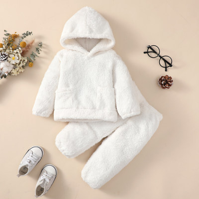 2-piece Baby Solid Color Fleece-lined Plush Hoodie & Straight Pants