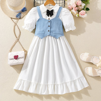 2-piece Kid Girl Solid Color Short Puff Sleeve Shirt Dress & Button-up  Vest