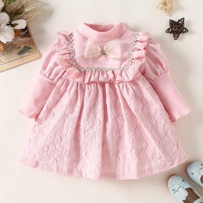Baby Girl Pure Cotton Solid Color Ruffled Mock Neck Bowknot Decor Gigot Sleeve Dress