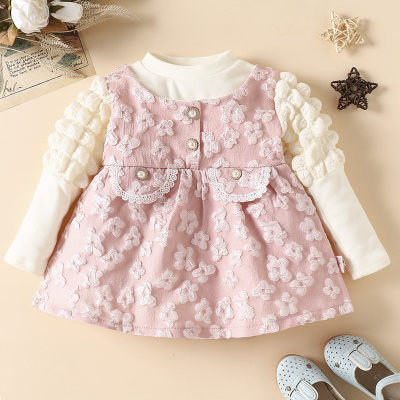 Baby Girl 2 in 1 Color-block Floral Pattern Lace Patchwork Button Decor Gigot Sleeve Dress