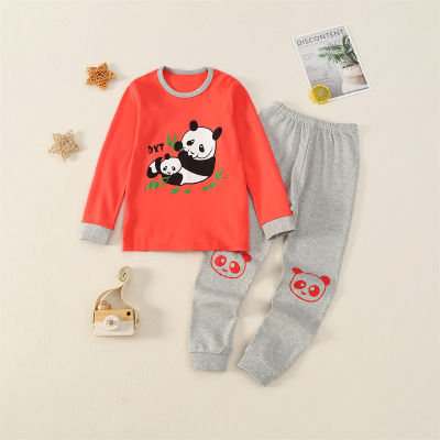 Haut à manches longues imprimé panda à blocs de couleur pour fille 2 pièces et pantalon crayon à motif panda de couleur unie