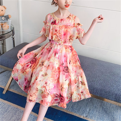 Little girl summer fashion off-the-shoulder princess dress 2024 chiffon children's summer style girl's fashionable flower dress trendy