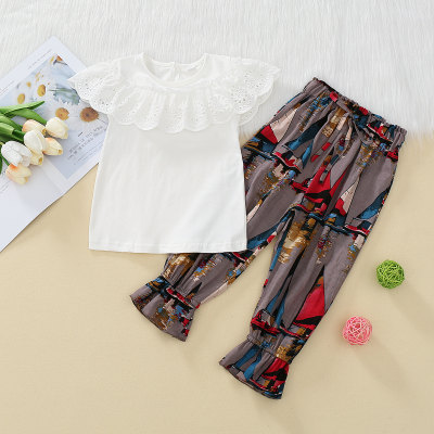 Roupas infantis 2024 novo estilo de verão meninas estilo coreano renda tinta pintura terno para crianças mais velhas camiseta calças florais conjunto de duas peças