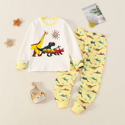 2-piece Kid Color-block Dinosaur Printed Long Sleeve Top & Allover Dinosaur Printed Pants