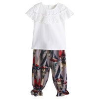 Children's clothing 2024 new summer style girls Korean style lace ink painting suit for older children T-shirt floral pants two-piece set  White