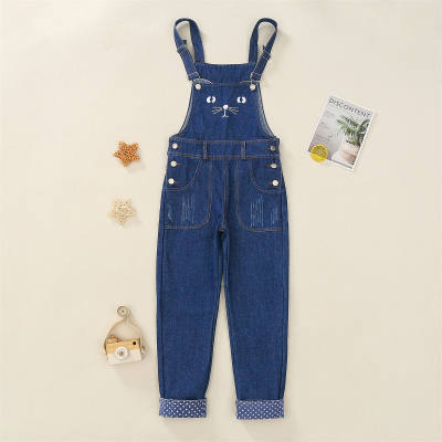 Kid Girl Solid Color Cat Style Denim Dungarees
