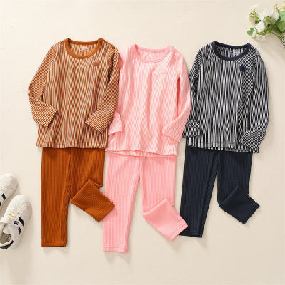 2-piece Kid Striped Long Sleeve Top & Solid Color Straight Pants