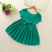 Children's summer new small and medium girls solid color V-neck large skirt short-sleeved dress princess dress  Green