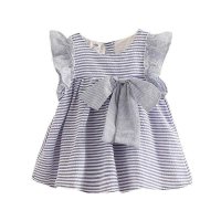 Novo coreano bebê verão roupas infantis para meninas cor sólida listrado peito grande arco vestido princesa colete vestido  Azul
