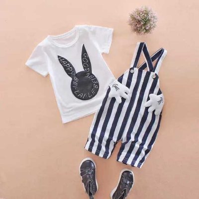 New summer suits for girls with cute printed suspenders and two-piece suits for boys with suspenders