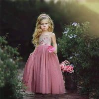 Girls Lace Mesh Long Skirt Baby Girl Flower Print Suspender Princess Skirt Children Fairy Skirt  Pink