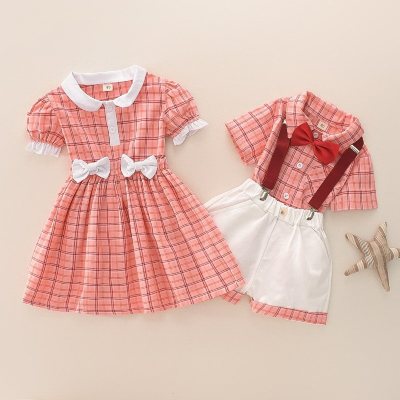 New brother and sister plaid dress beach vacation style short-sleeved plaid suspender suit
