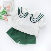 Girls Summer Suit New Fashionable Baby Princess Ruffle Collar Top Shorts  White