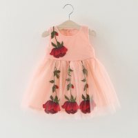 فستان بناتي صيفي جديد مزين بالزهور  وردي 
